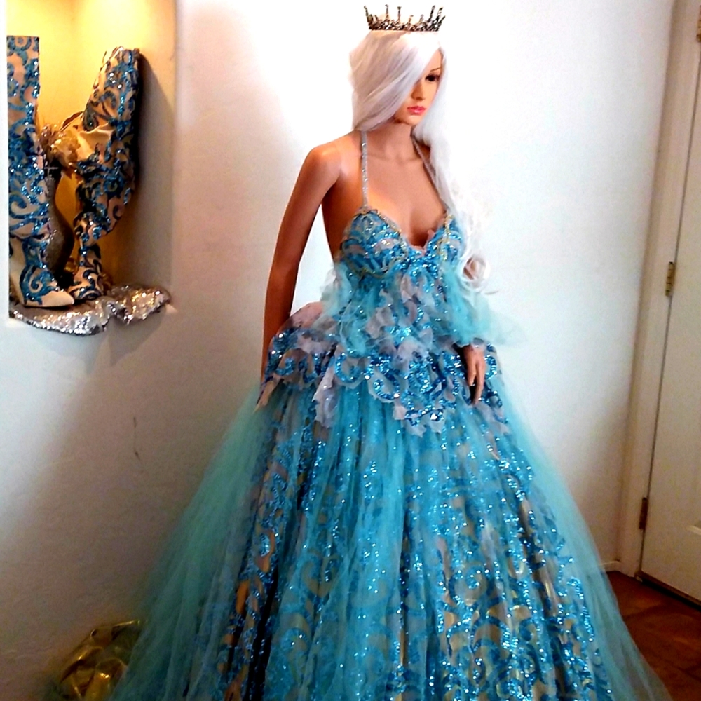 "DANICA" Blue Sequin Damask Wedding Ballgown Set